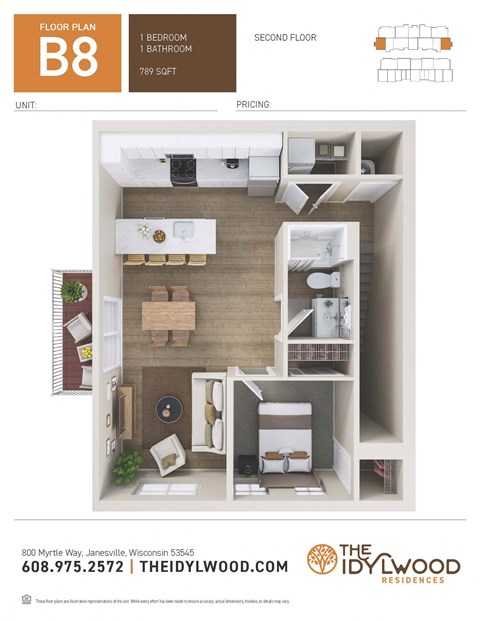 Floor plan for 1 bed, 1 bath, 789 sqft